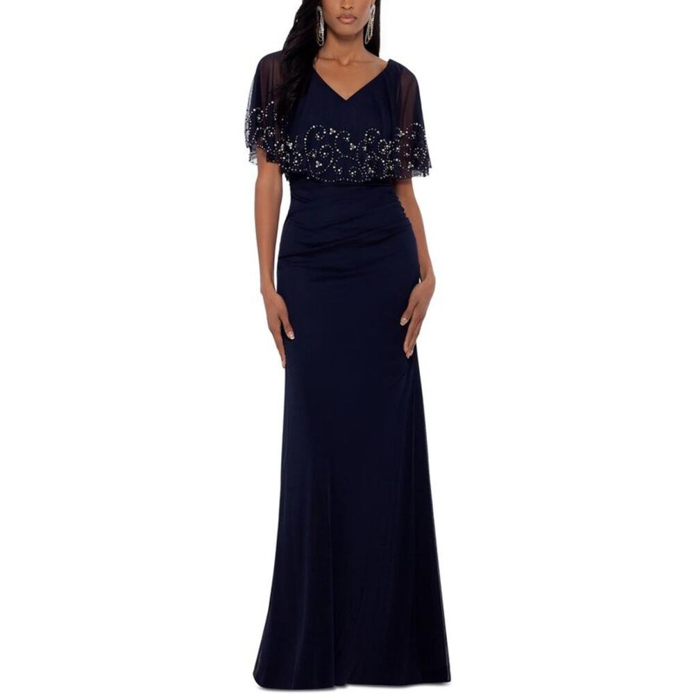 B&A by Betsy and Adam Womens Navy Embellished Maxi Evening Dress Gown NWOT